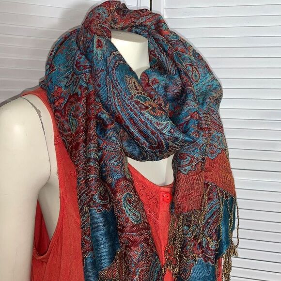 Vintage Paisley Large Wrap Scarf With Fringe - Picture 5 of 13